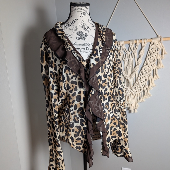 sansara Tops - Vintage Y2k Leopard Print Blouse Large Flutter Sleeve Ruffle V Neck Sheer